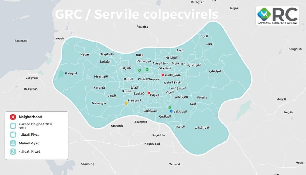 خريطة توضح مناطق تغطية خدمات تركيب GRC في شمال الرياض