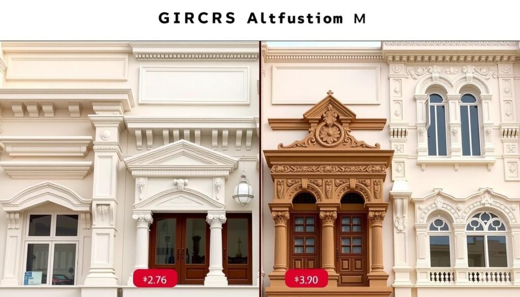 عناصر مختلفة من واجهات جي آر سي مع توضيح لتفاوت أسعارها حسب التعقيد