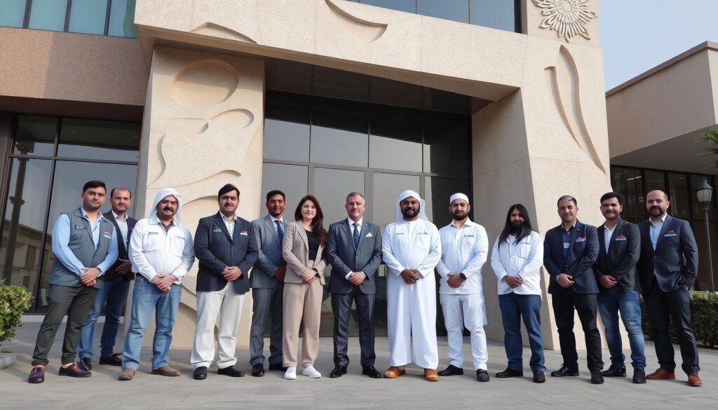 فريق عمل شركة عرب مظلات المتخصص في تنفيذ واجهات جي آر سي