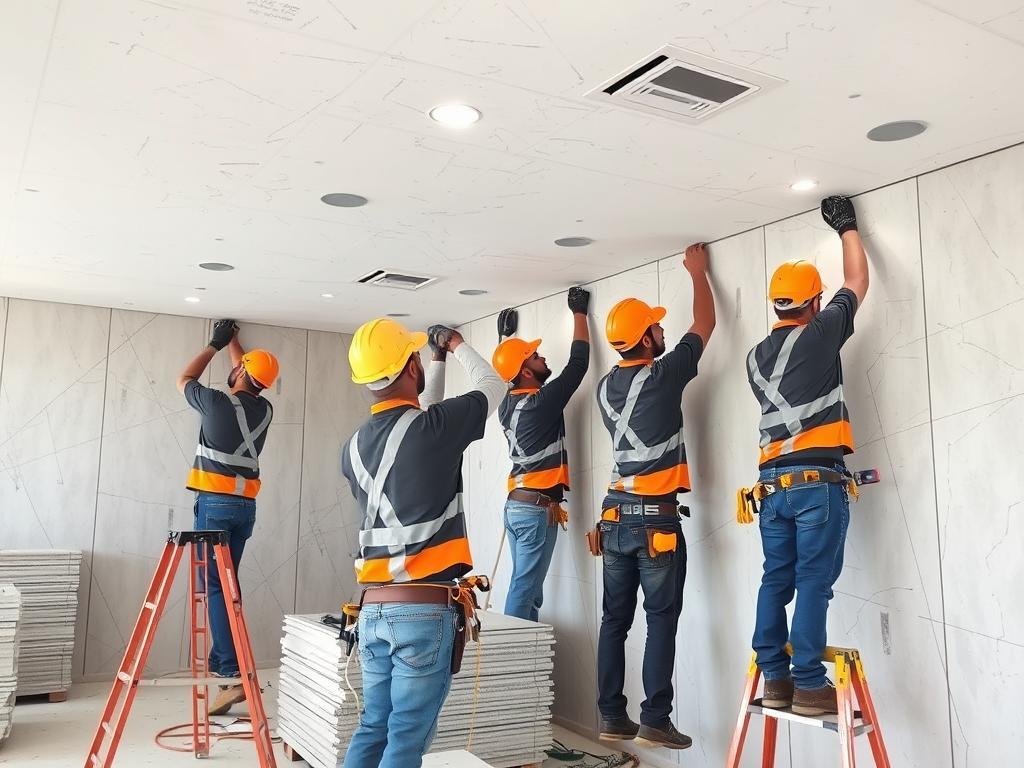 فريق عمل معلم اسمنت بورد بالرياض أثناء تركيب ألواح الأسمنت بورد في أحد المشاريع