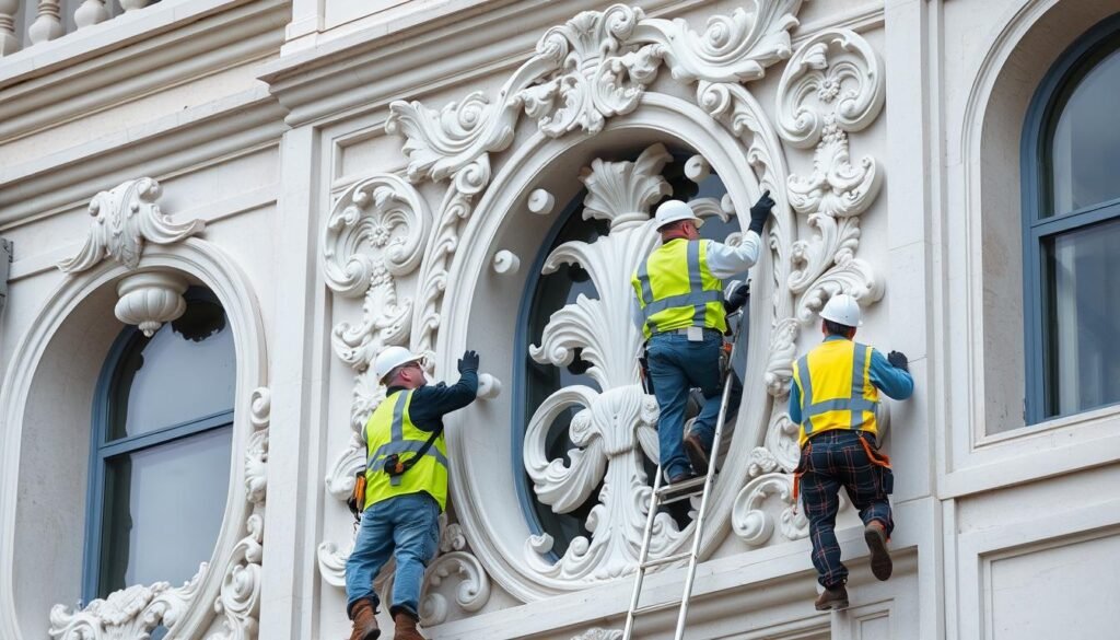 فريق متخصص في تركيب جي ار سي يعمل على مشروع كبير