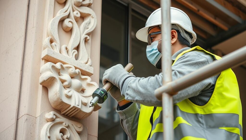 فني تركيب جي ار سي محترف يعمل على واجهة مبنى في جنوب الرياض