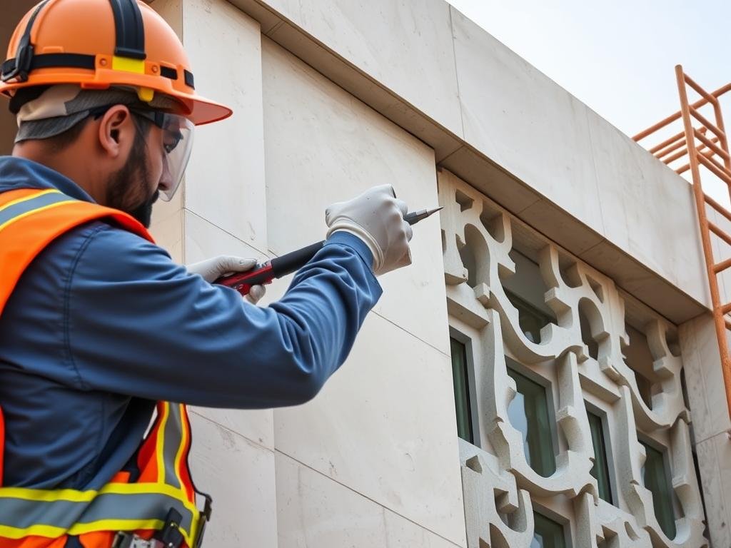 فني متخصص يقوم بتركيب جى ار سى في موقع بناء في شرق الرياض