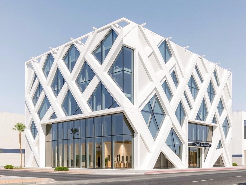 مبنى تجاري بواجهة جى ار سى عصرية في شرق الرياض