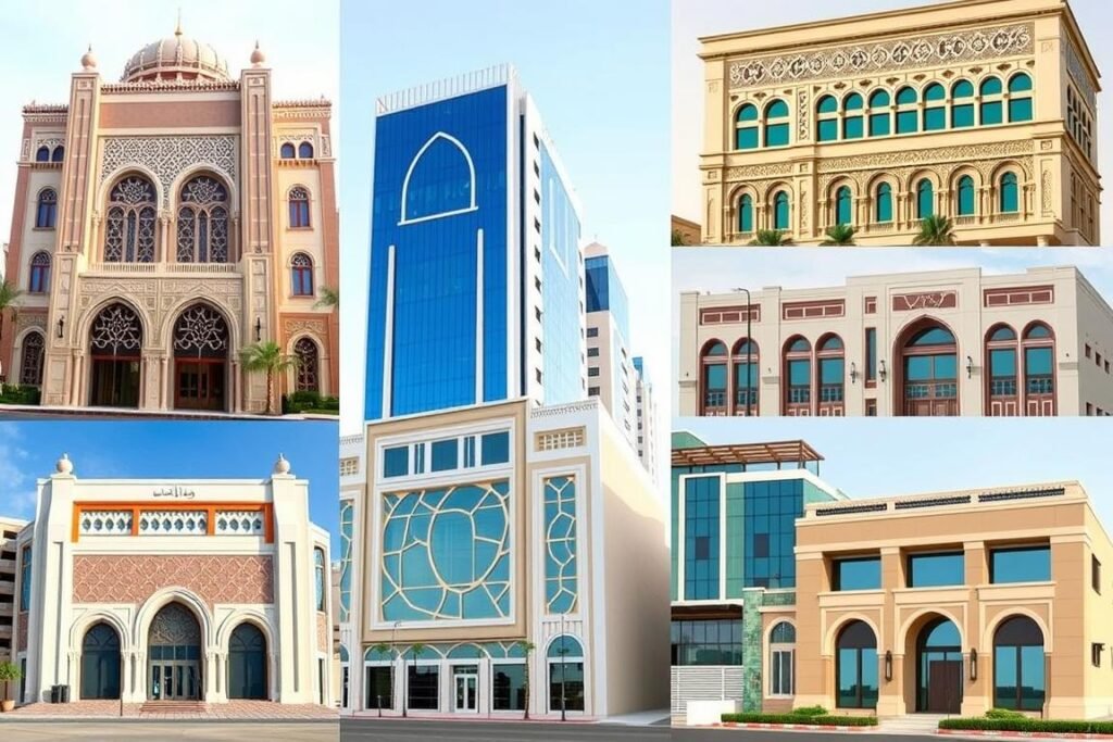 مجموعة متنوعة من واجهات الجي آر سي للفلل والمباني في الرياض بتصاميم مختلفة وأسعار متفاوتة توضح سعر متر جى ار سى بالرياض
