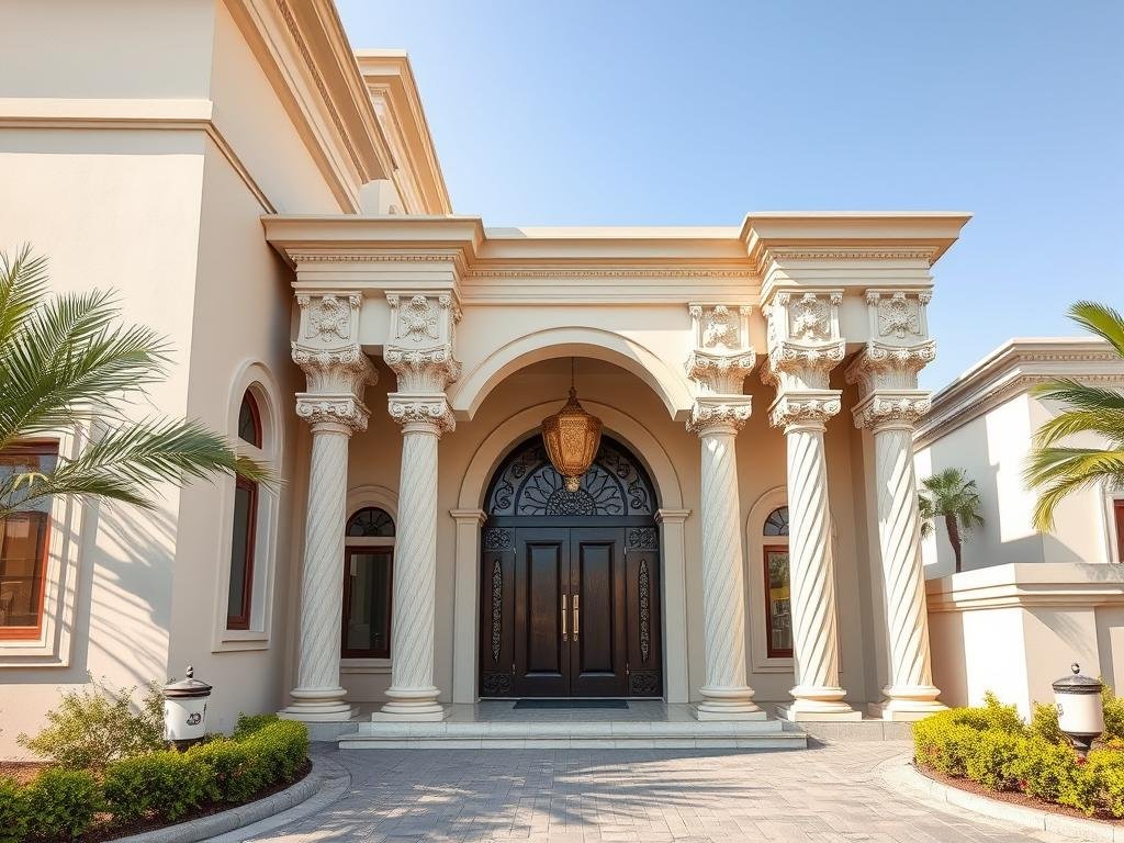 مدخل فيلا مزين بأعمدة وتيجان جي ار سي في جنوب الرياض