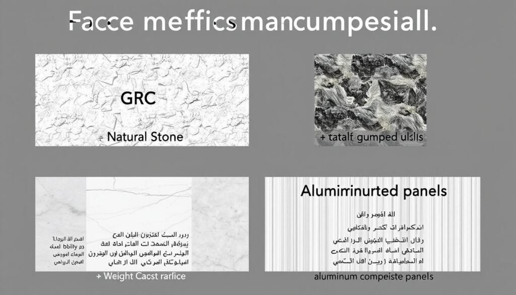 مقارنة بين مواد مختلفة للواجهات: جي آر سي، حجر طبيعي، رخام، وألواح ألمنيوم