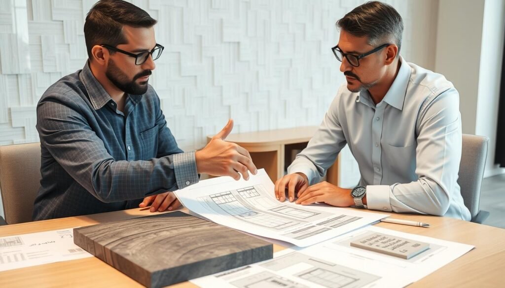 مهندس يشرح لعميل كيفية توفير التكاليف في مشروع واجهات جي آر سي