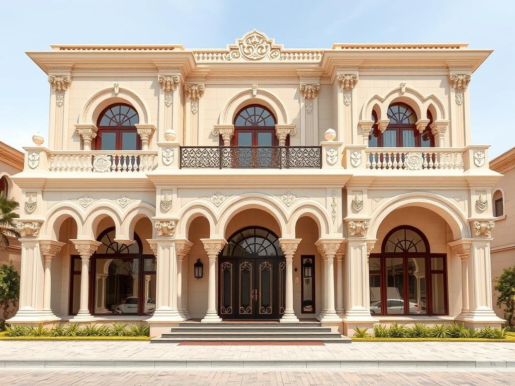 واجهة فيلا سكنية فاخرة مصممة بالجي آر سي في الرياض توضح التفاصيل والزخارف المؤثرة على سعر متر جى ار سى بالرياض