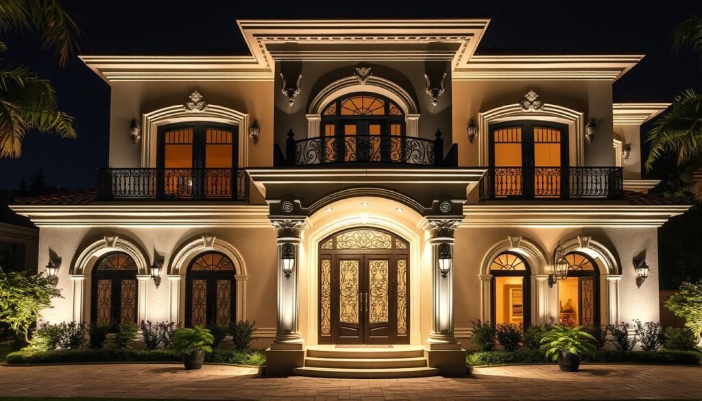واجهة فيلا فاخرة منفذة بالجي آر سي مع إضاءة ليلية تبرز جمالياتها