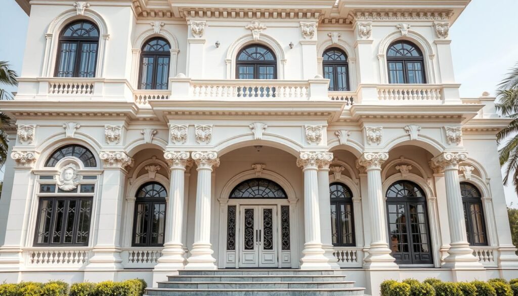 واجهة فيلا مصممة بالجي آر سي مع تفاصيل معمارية دقيقة