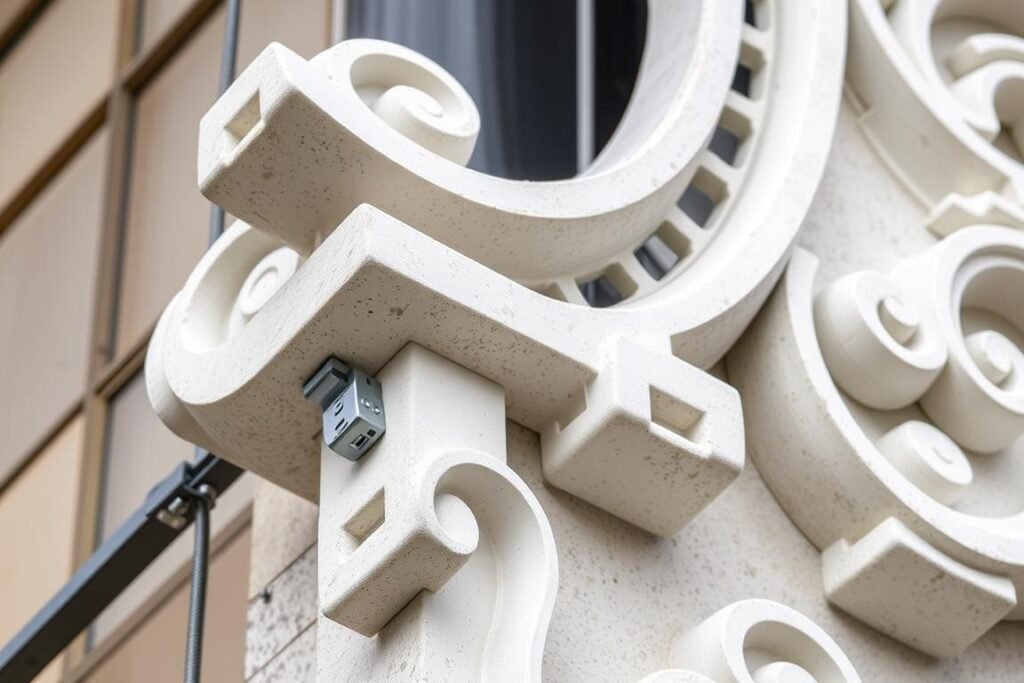 تفاصيل تقنية لتركيب عناصر جي آر سي المختلفة على واجهة مبنى