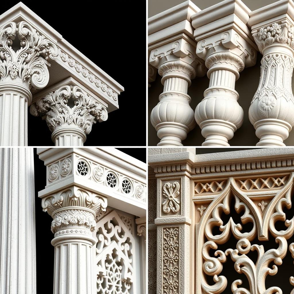 تفاصيل عناصر جي آر سي المختلفة من أعمدة وكرانيش ومشربيات