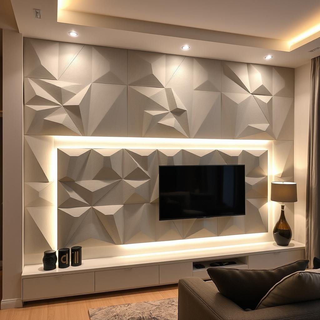 ديكور جدار أسمنت بورد مع إضاءة مخفية