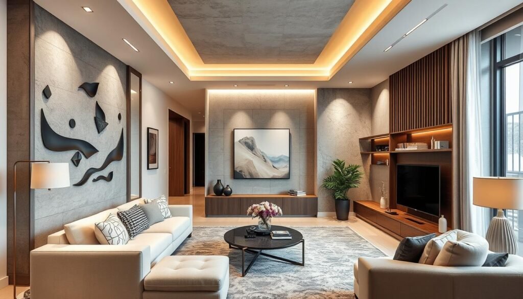 ديكورات عصرية باستخدام أسمنت بورد في غرفة معيشة