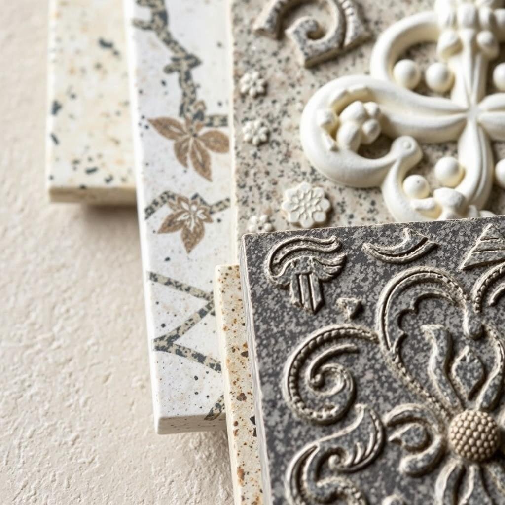 عينات من مادة جي آر سي توضح تفاصيل الزخارف والتشكيلات المختلفة