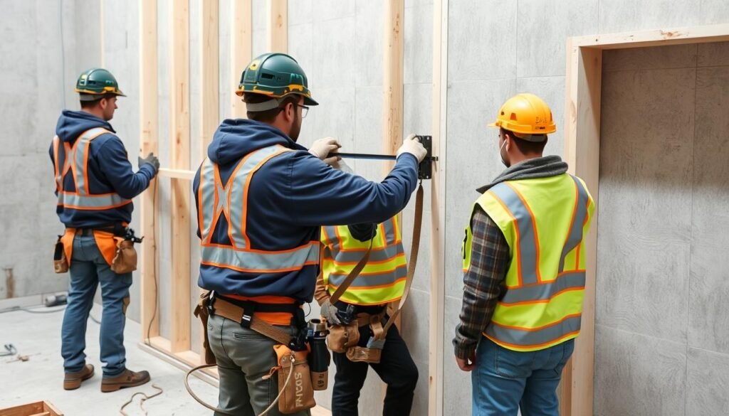 فريق محترف يقوم بتركيب اسمنت بورد في أحد المشاريع