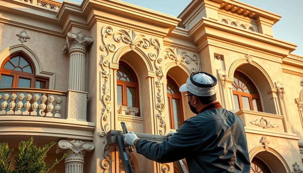 معلم جي ار سي يعمل على تركيب واجهة خارجية فاخرة