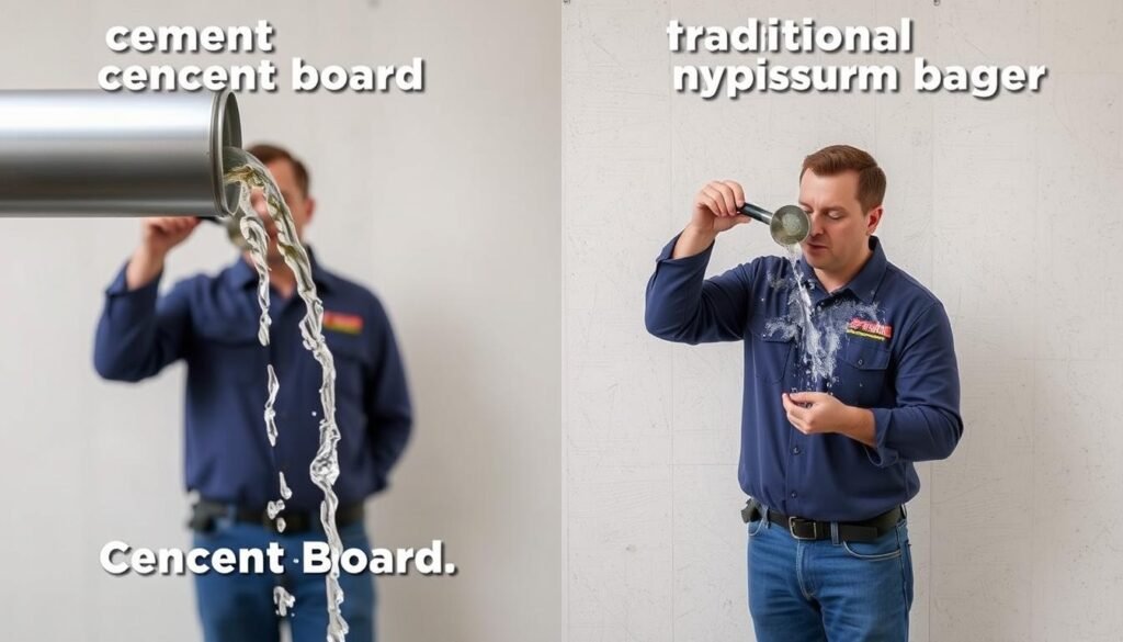 مقارنة بين اسمنت بورد والجبس التقليدي توضح مقاومة اسمنت بورد للرطوبة