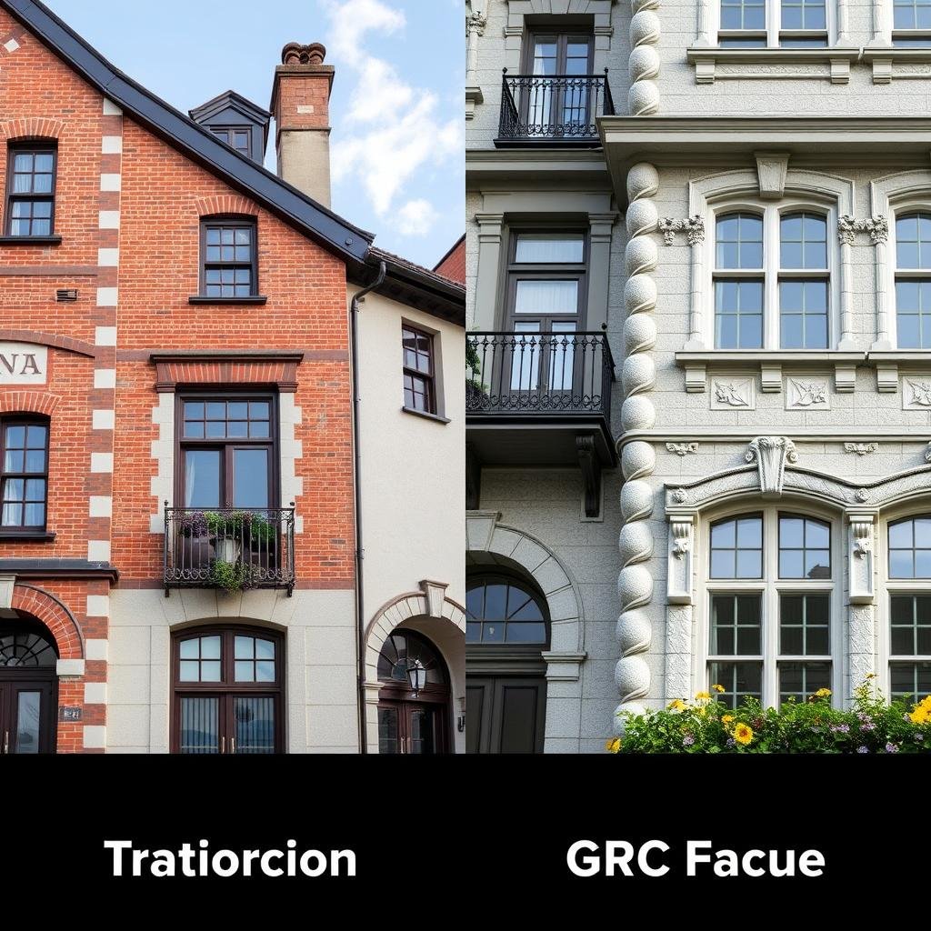 مقارنة بين واجهة تقليدية وواجهة جي آر سي توضح الفرق في الجودة والمظهر