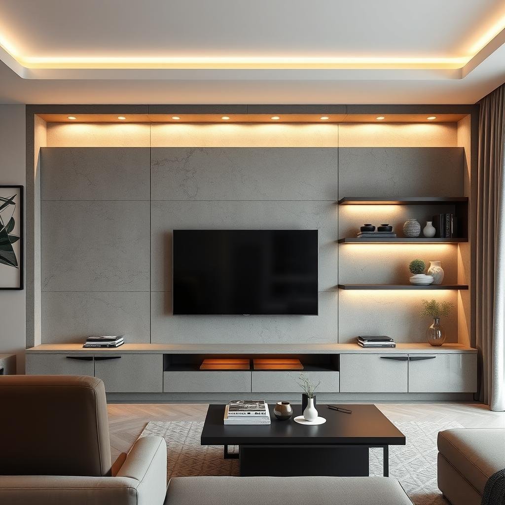 واجهة تلفزيون مصنوعة من اسمنت بورد مع إضاءة مخفية