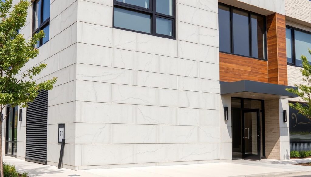 واجهة خارجية مصنوعة من اسمنت بورد بتصميم عصري