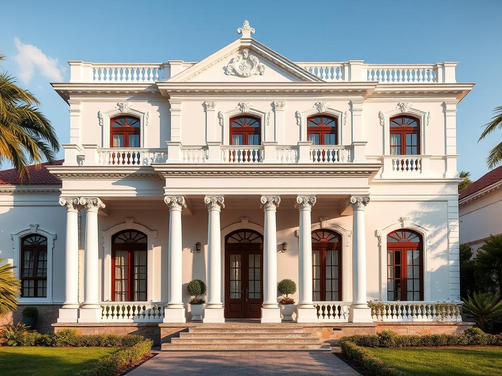 واجهة فيلا بتصميم جي آر سي كلاسيكي مع أعمدة وتيجان