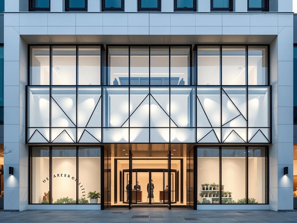 واجهة مبنى بتصميم جي آر سي عصري وخطوط بسيطة