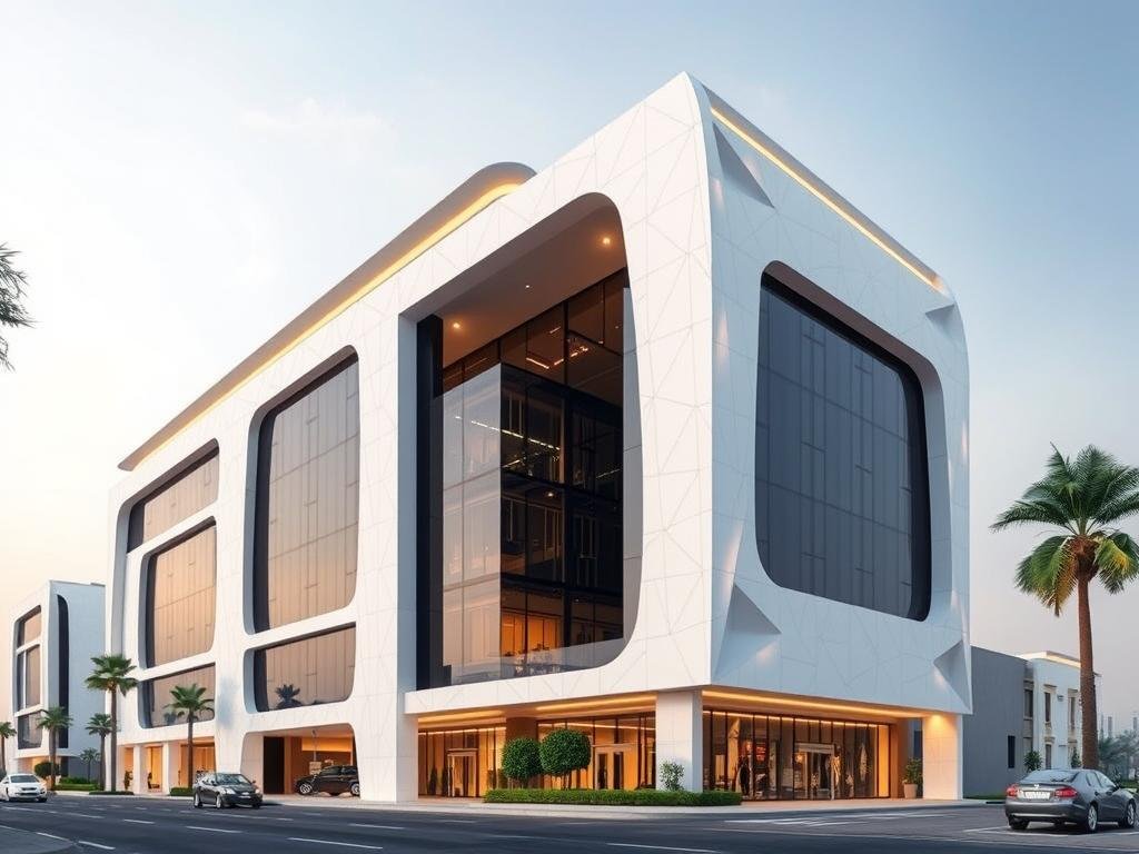 واجهة مبنى تجاري بتصميم جي آر سي عصري في الرياض