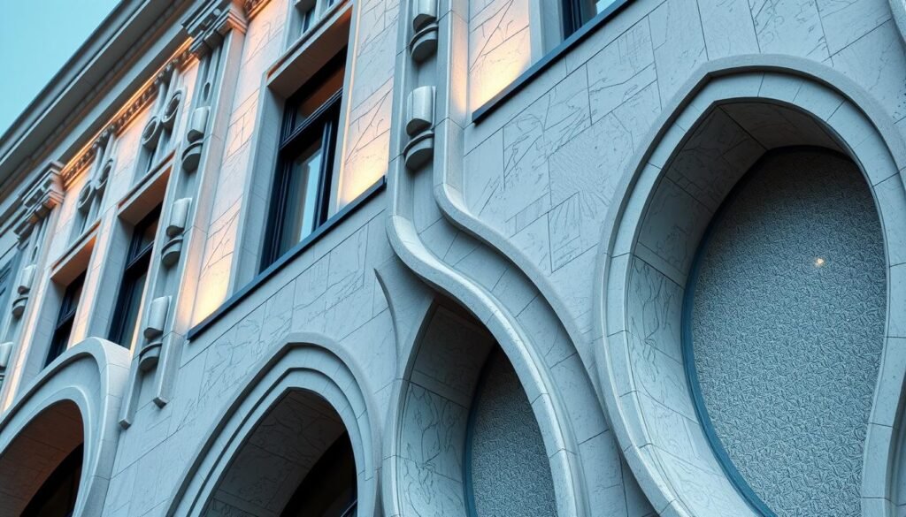 واجهة مبنى مصممة بمادة جي آر سي (GRC) تظهر التفاصيل الدقيقة والزخارف المعمارية