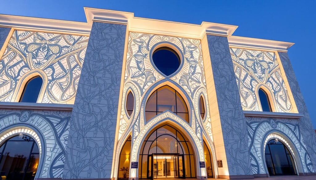 واجهة مبنى مصممة بمادة جي ار سي بتفاصيل معمارية دقيقة