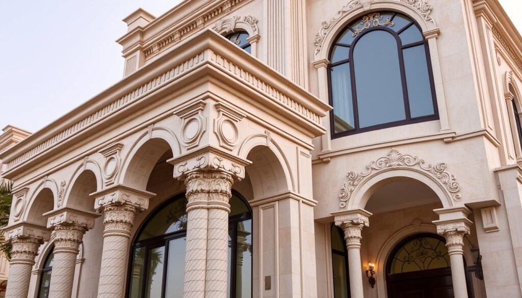 واجهة مبنى مصممة بمادة جي ار سي للواجهات بتصميم كلاسيكي