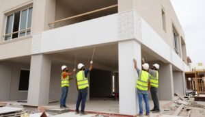 فريق تركيب جي ار سي (GRC) أثناء العمل في موقع البناء