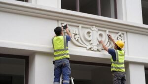 فريق تركيب يقوم بتثبيت عناصر الجي ار سي (GRC) على واجهة مبنى