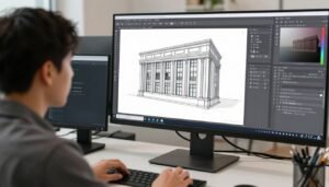 مهندس يعمل على تصميم واجهة جي ار سي (GRC) باستخدام برامج متخصصة