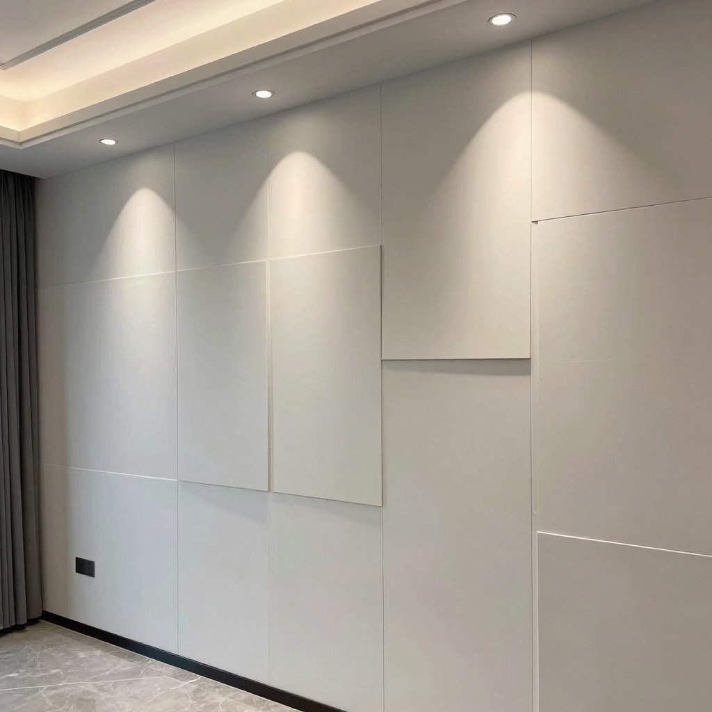 جدار داخلي مزين بألواح جي ار سي بتصميم هندسي حديث