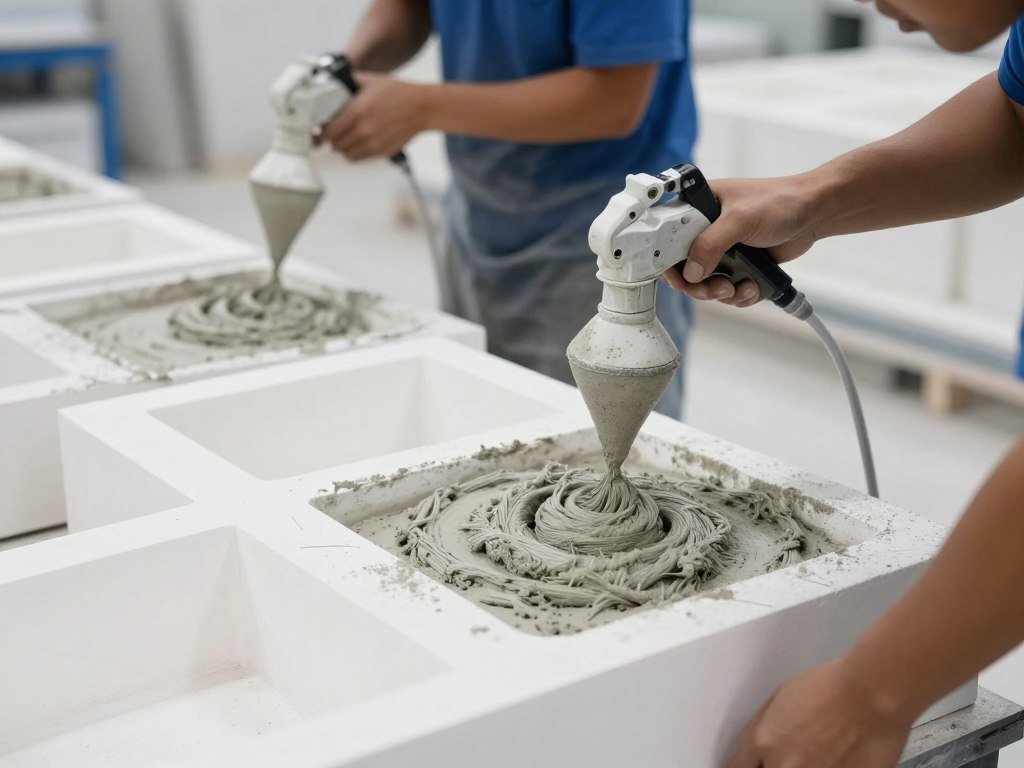 عملية خلط وتطبيق مواد الجي ار سي على القوالب