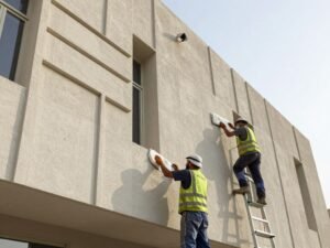 عملية صيانة وتنظيف لواجهة مبنى منفذة بتقنية تركيب جي ار سي