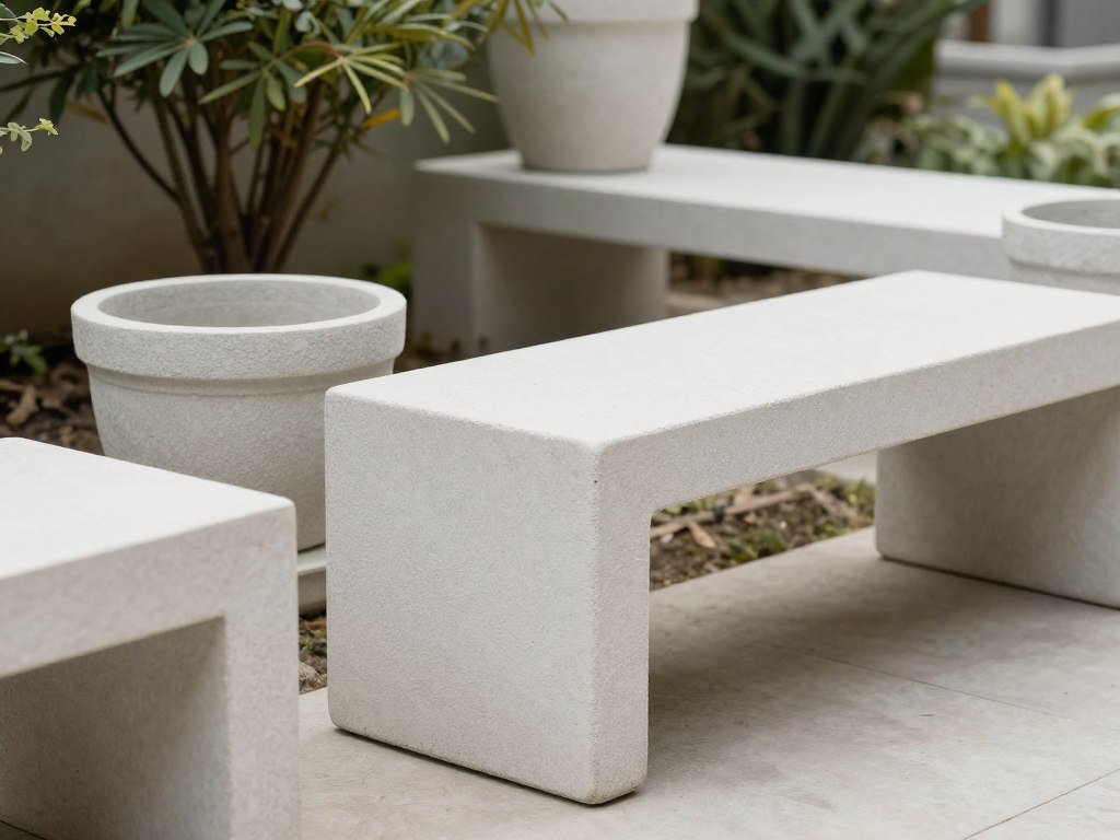 عناصر تنسيق حدائق من الجي ار سي تشمل أحواض زهور ومقاعد