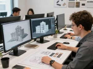 فريق التصميم في مصنع جي ار سي مع التركيب يعمل على تصاميم مبتكرة