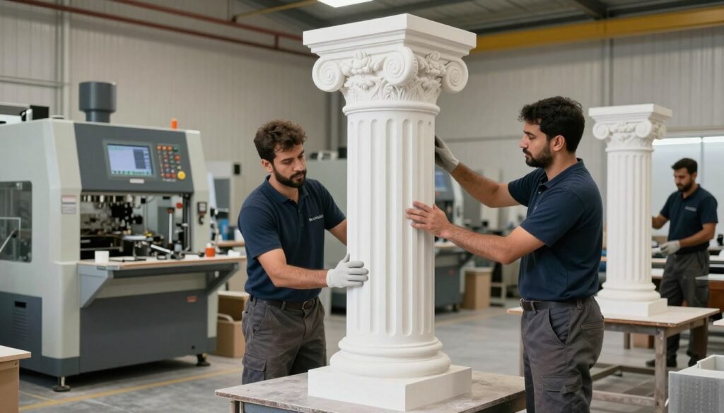 فريق العمل في العرب مظلات أثناء تصنيع أعمدة جي ار سي