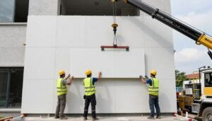 فريق تركيب محترف يقوم بتثبيت واجهات جى ار سى (GRC Facades)