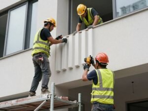 فريق تركيب محترف يقوم بتركيب عناصر جي ار سي على واجهة مبنى