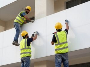 فريق عمل شركة عرب مظلات أثناء تركيب ألواح جي ار سي