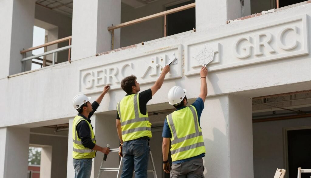 فريق متخصص يقوم بتركيب عناصر جي ار سي على واجهة مبنى