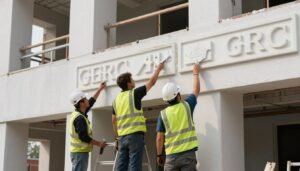 فريق متخصص يقوم بتركيب عناصر جي ار سي على واجهة مبنى