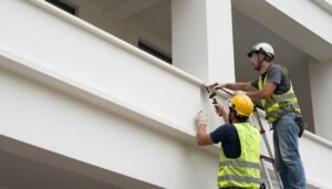 فريق متخصص يقوم بتركيب واجهات جي ار سي بدقة عالية