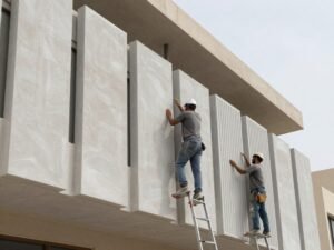 مراحل تركيب جي ار سي على واجهة مبنى من التصميم إلى التنفيذ