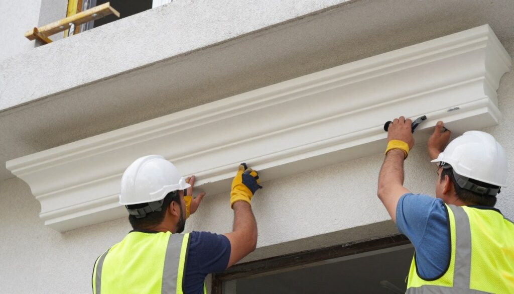 مراحل تركيب كورنيش جي ار سي على واجهة مبنى