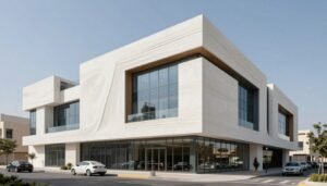 مشروع مبنى تجاري بواجهات جي ار سي بتصميم عصري